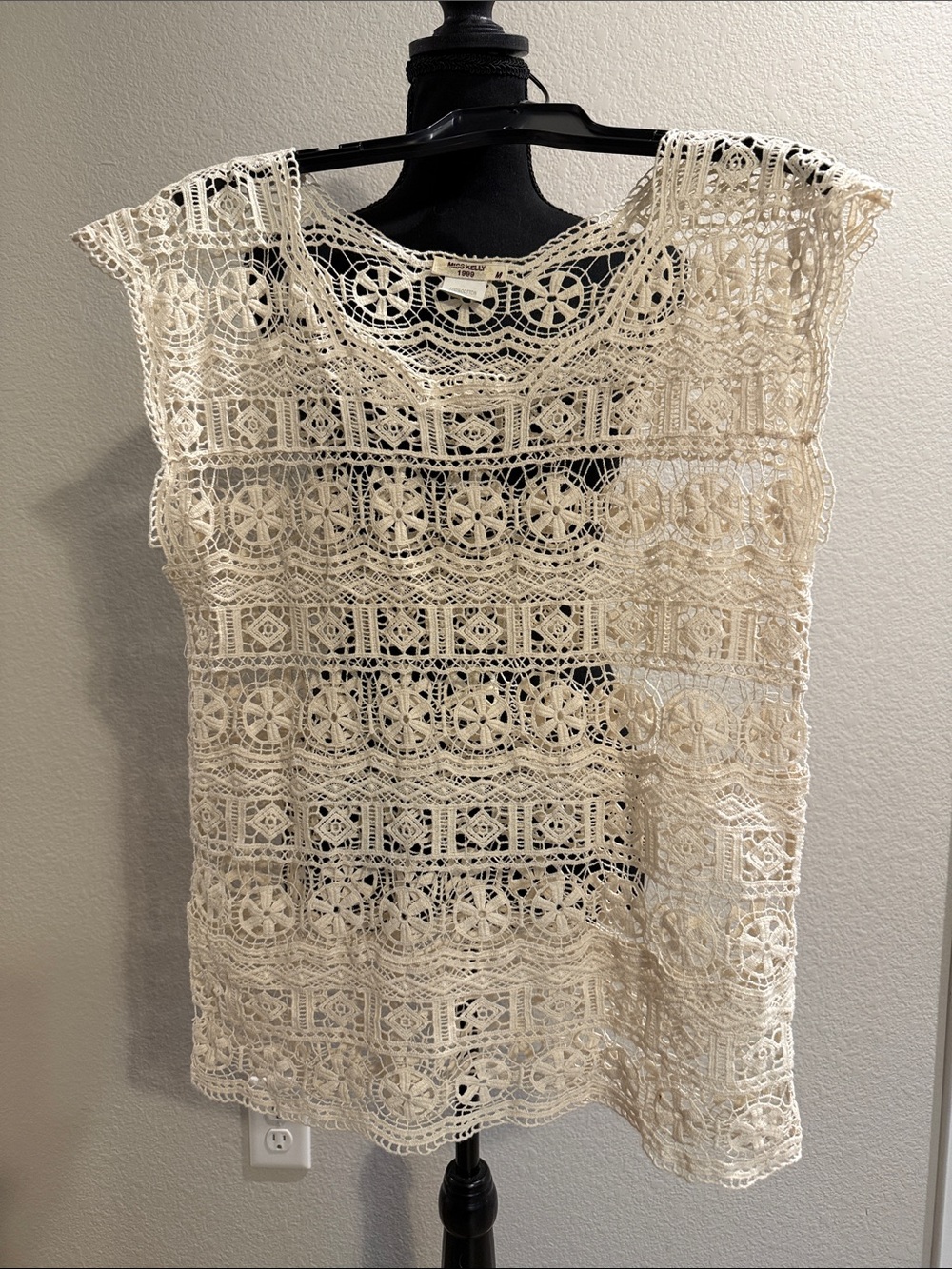 Miss Kelly 1999 Lace Crochet Lace Cap Sleeve Top - Cream festival cowgirl
